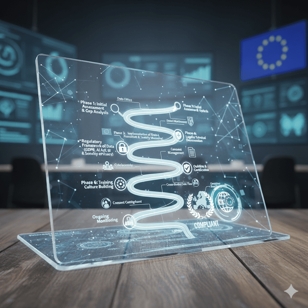 Modern digital roadmap showing steps to achieve Europe compliance, with icons for data ethics, data protection, legal documentation, auditing, and ongoing monitoring