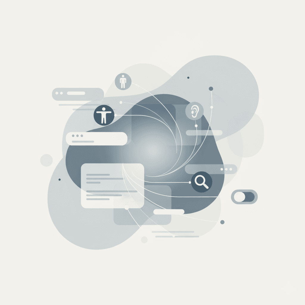 Abstract illustration of integrated web accessibility. Icons for universal access, hearing, and search connect with various user interface elements.